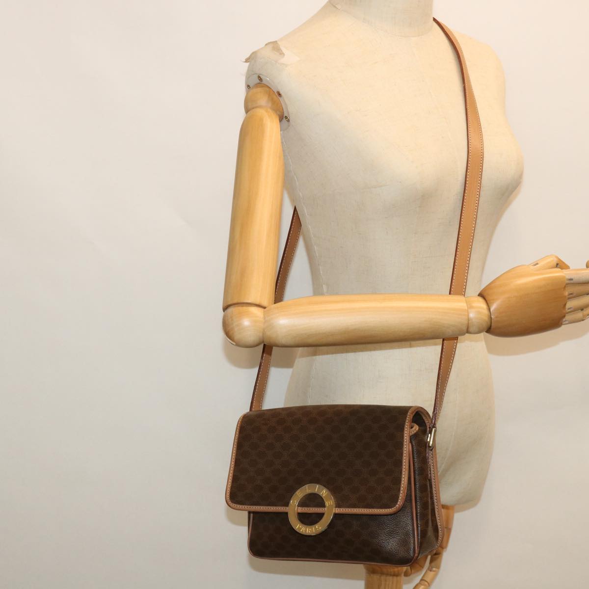 CELINE Macadam Canvas Shoulder Bag PVC Leather Brown Auth 54959