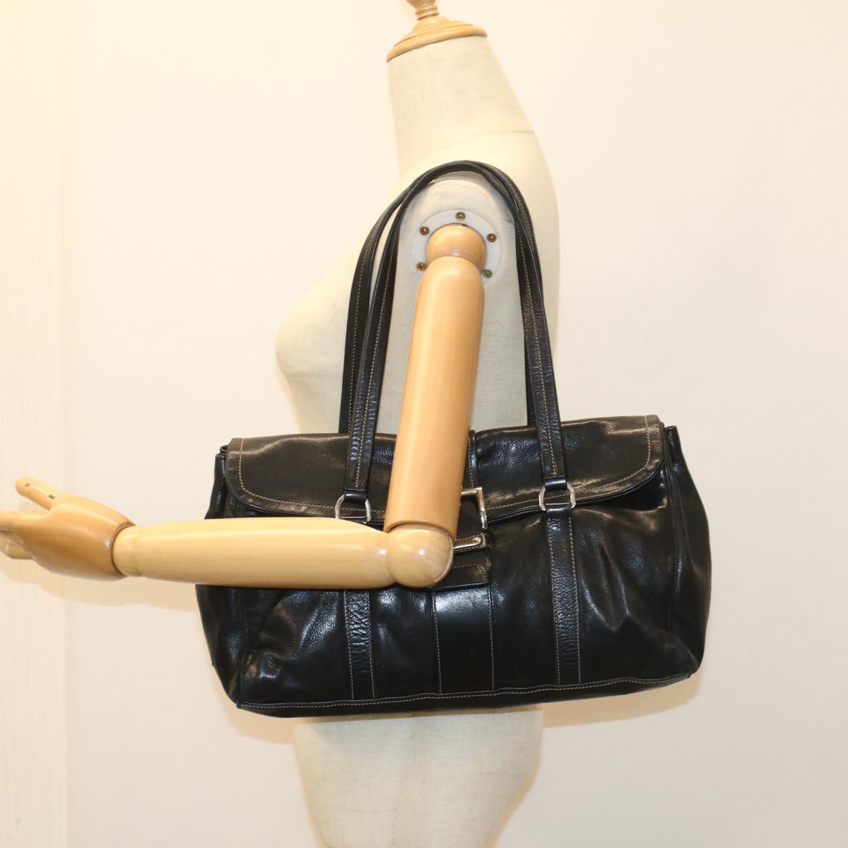 PRADA Shoulder Bag Leather Black Auth 54975