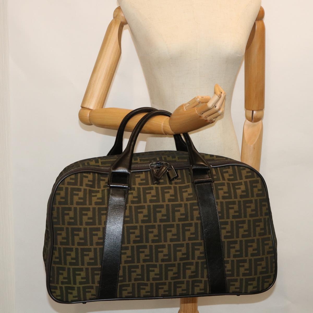 FENDI Zucca Canvas Boston Bag Brown Auth 54989