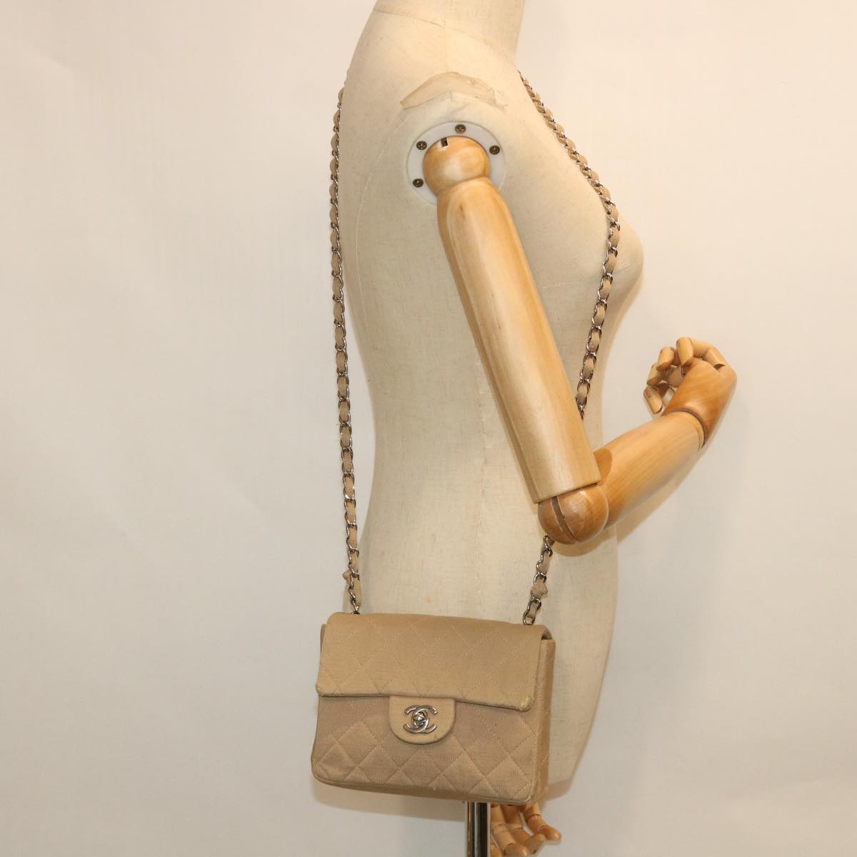 CHANEL Mini Matelasse Shoulder Bag Canvas Beige CC Auth 55289