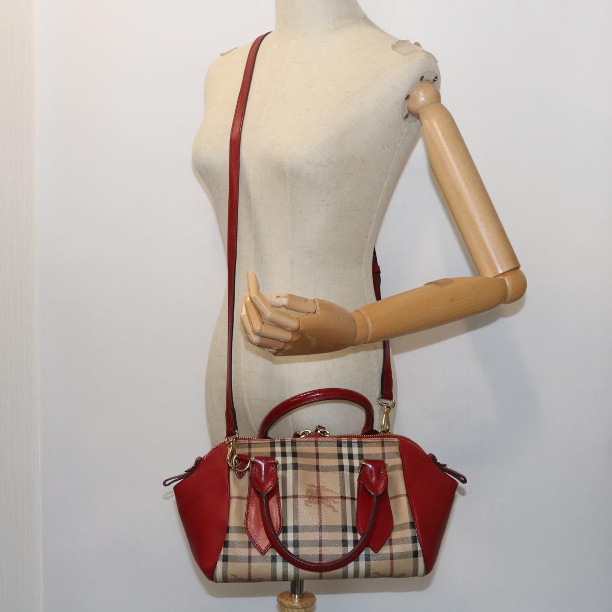 BURBERRY Nova Check Hand Bag PVC Leather 2way Beige Red Auth 55411