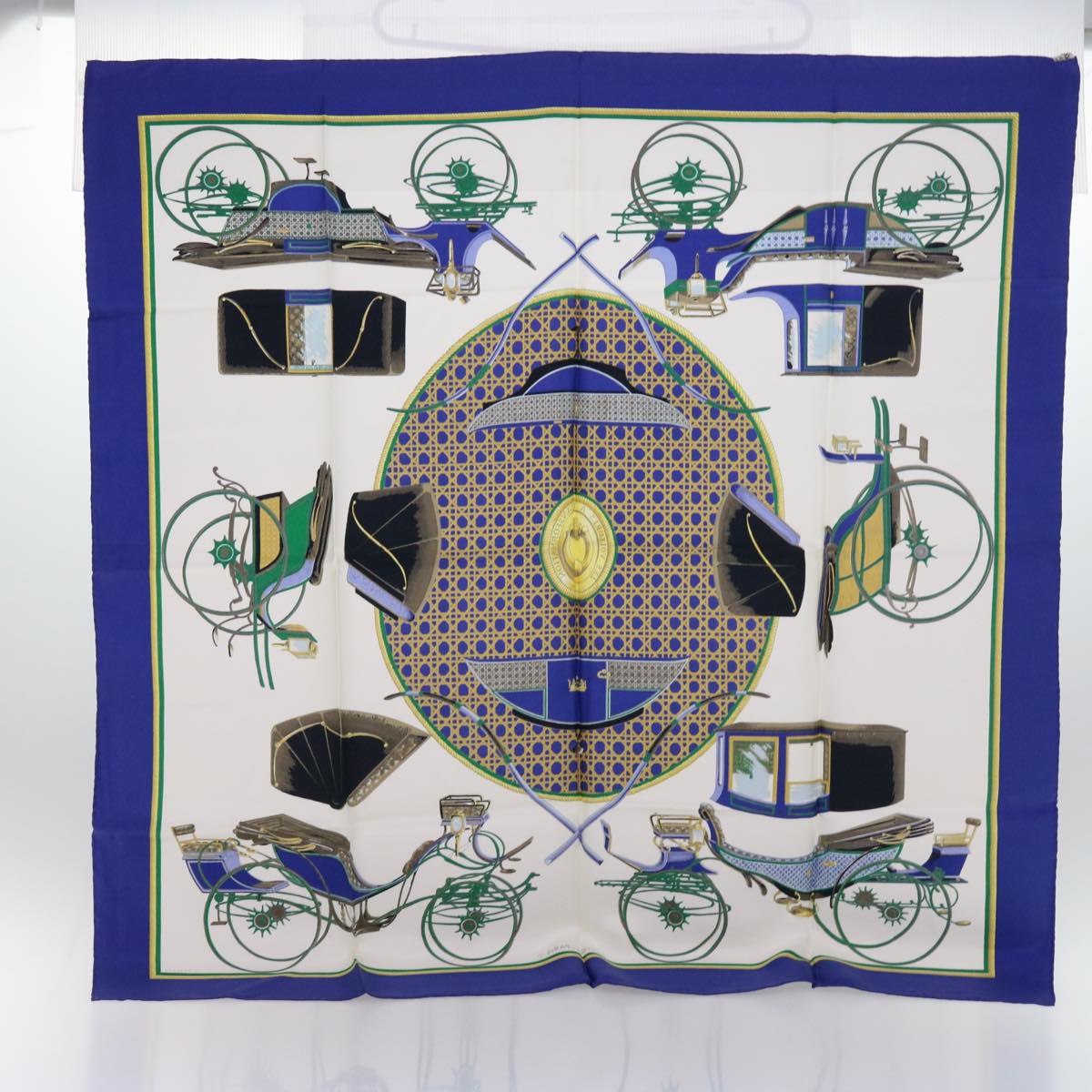 HERMES Carre 90 Les coitures Scarf Silk Blue White Auth 55441