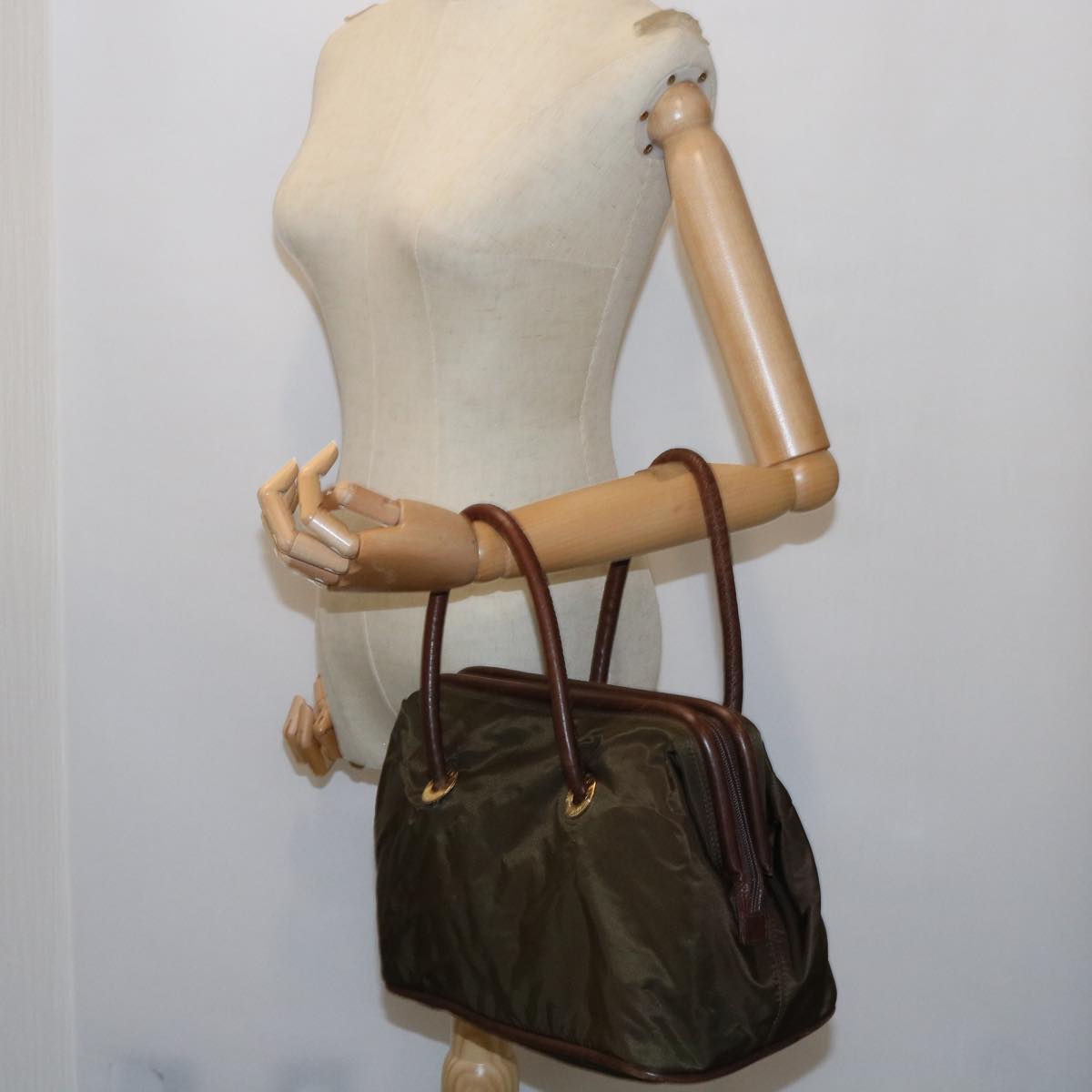 CELINE Hand Bag Nylon Khaki Auth 55453