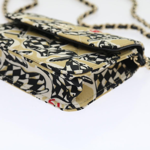 CHANEL Mini Matelasse Shoulder Bag Canvas Beige Black CC Auth 55538AV