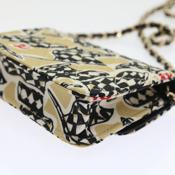 CHANEL Mini Matelasse Shoulder Bag Canvas Beige Black CC Auth 55538AV