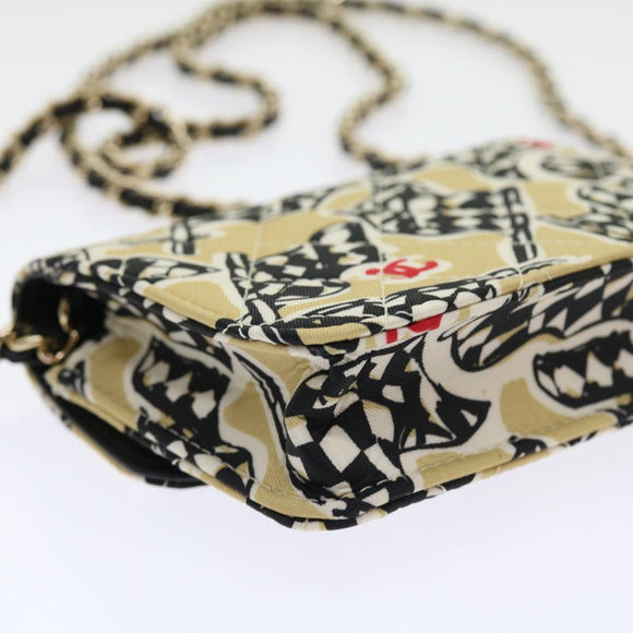 CHANEL Mini Matelasse Shoulder Bag Canvas Beige Black CC Auth 55538AV