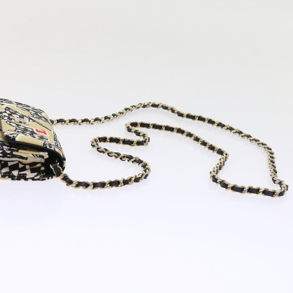 CHANEL Mini Matelasse Shoulder Bag Canvas Beige Black CC Auth 55538AV