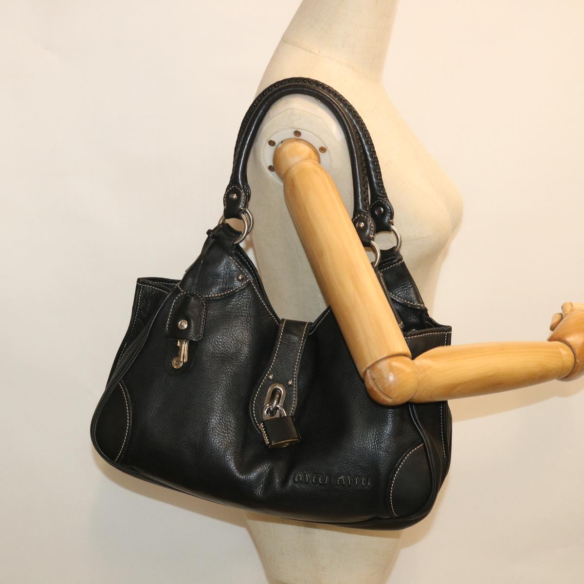Miu Miu Hand Bag Leather Black Auth 55658