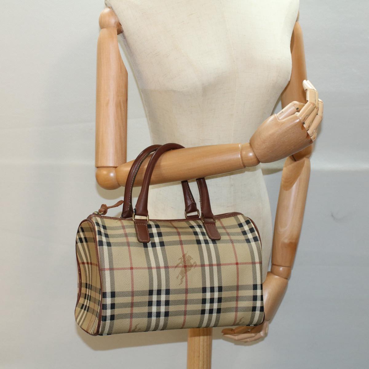 BURBERRY Nova Check Boston Bag PVC Leather Beige Auth 55747