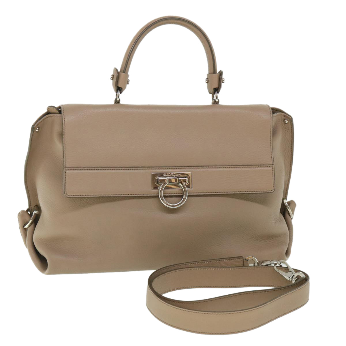 Salvatore Ferragamo Gancini Sofia Shoulder Bag Leather 2way Beige Auth 55853