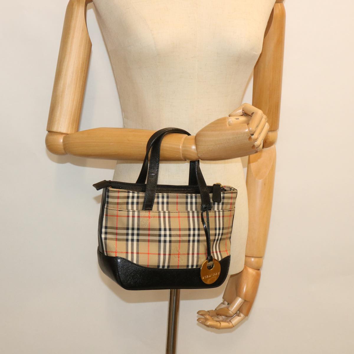 BURBERRY Nova Check Hand Bag Canvas Leather Beige Black Auth 55903