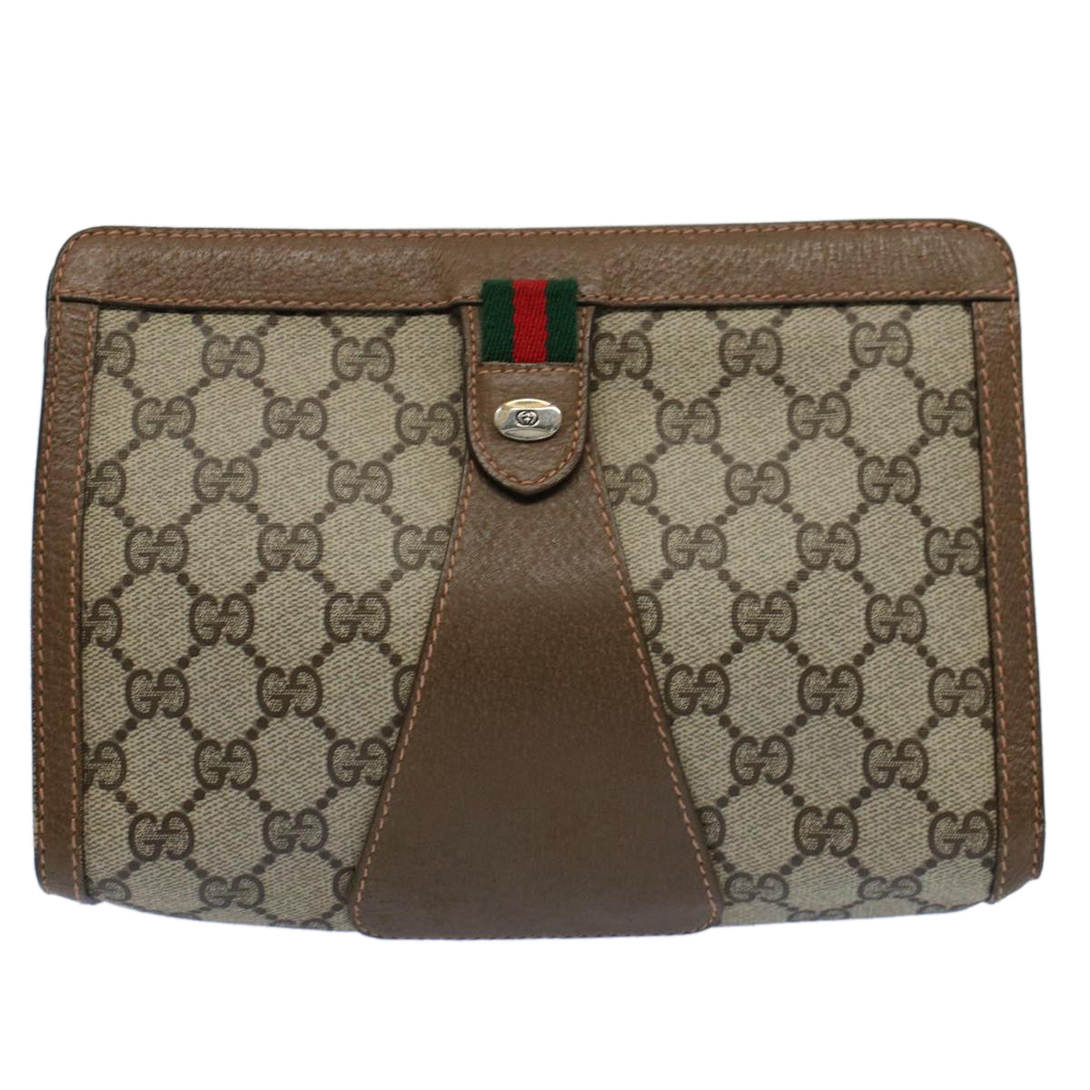 GUCCI GG Canvas Web Sherry Line Clutch Bag PVC Leather Beige Red Auth 55907