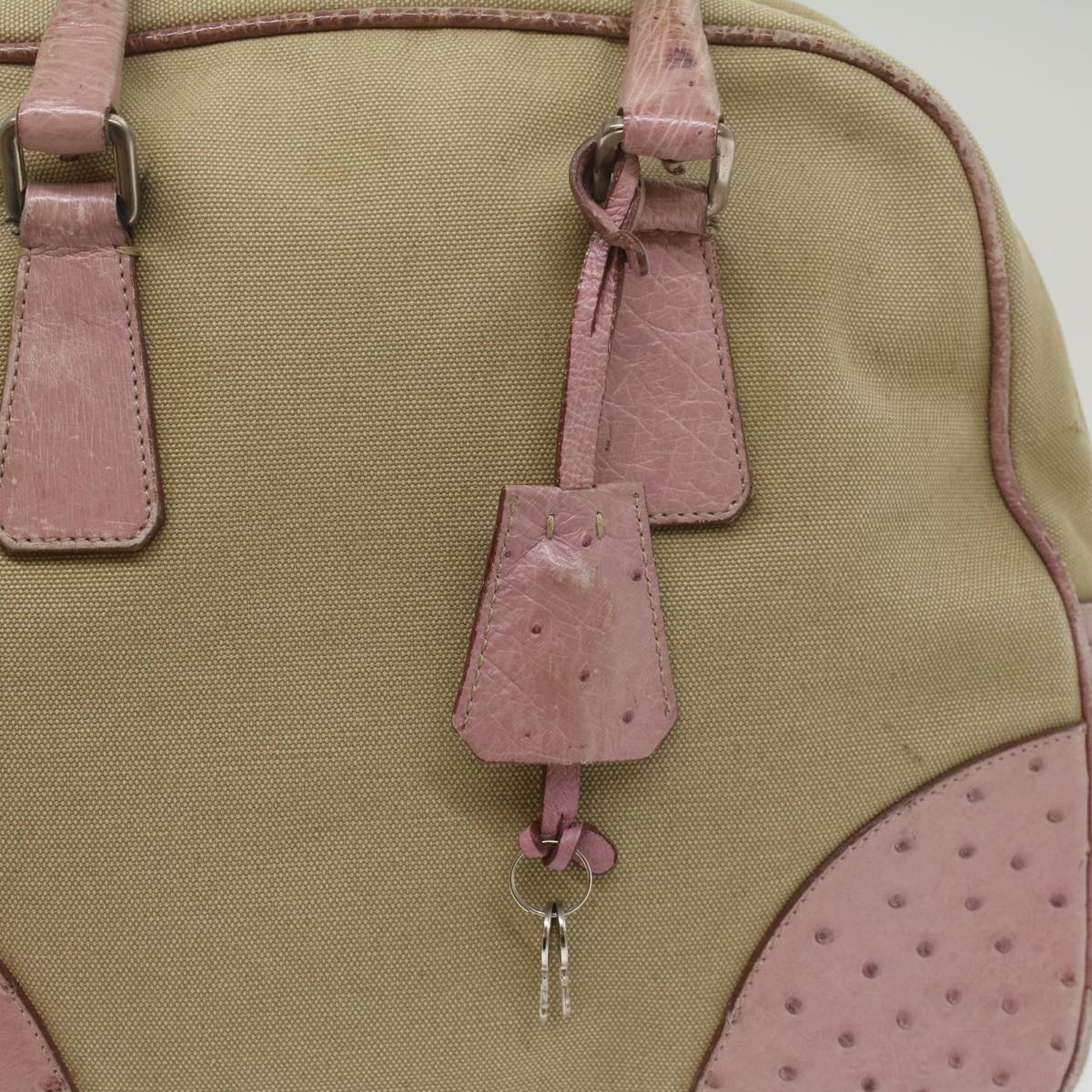 PRADA Hand Bag Canvas Leather Beige Pink Auth 56274