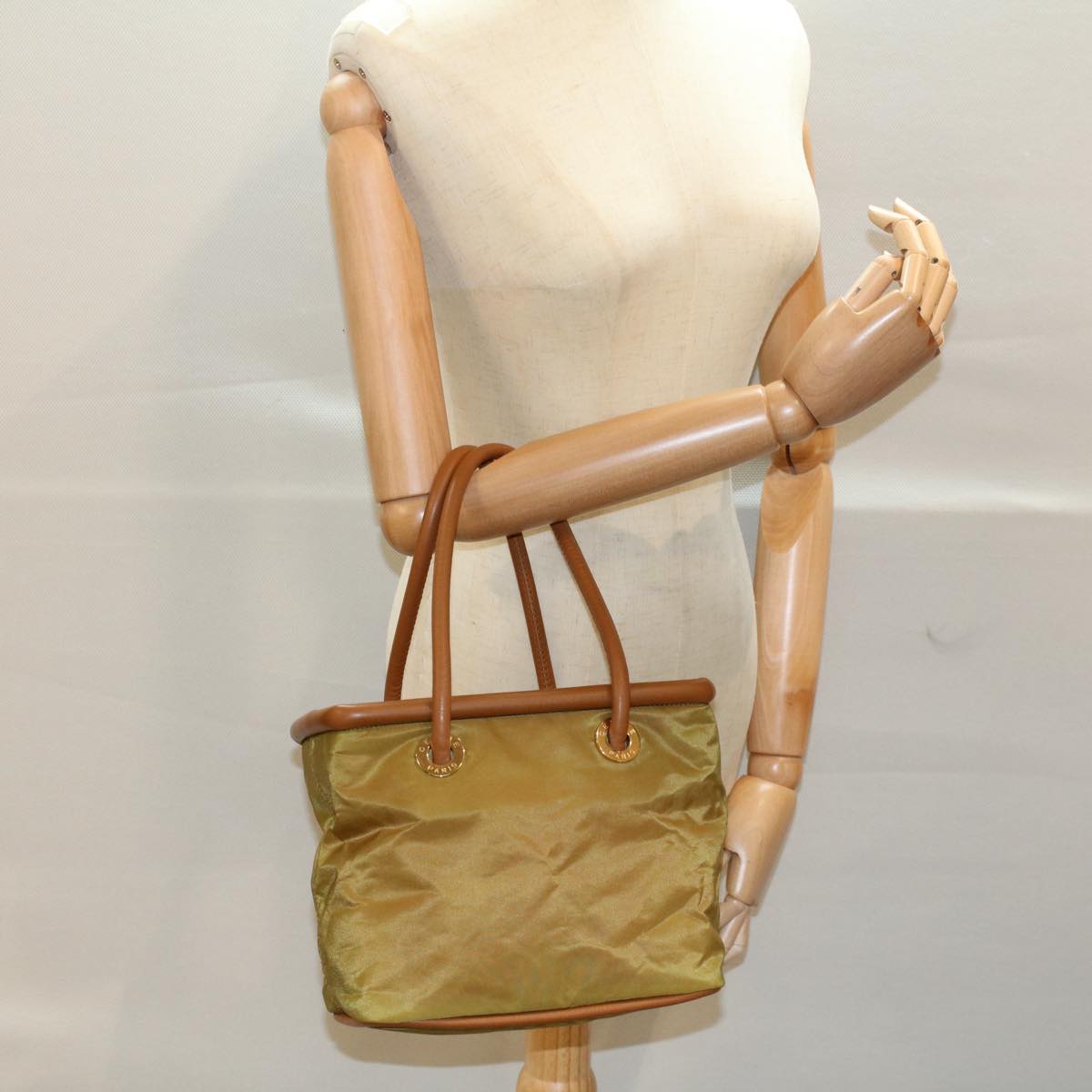 CELINE Hand Bag Nylon Leather Khaki Auth 56308