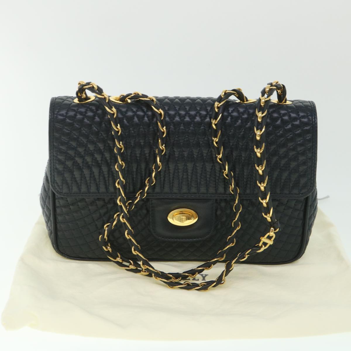 BALLY Chain Shoulder Bag Leather Black Auth 56374