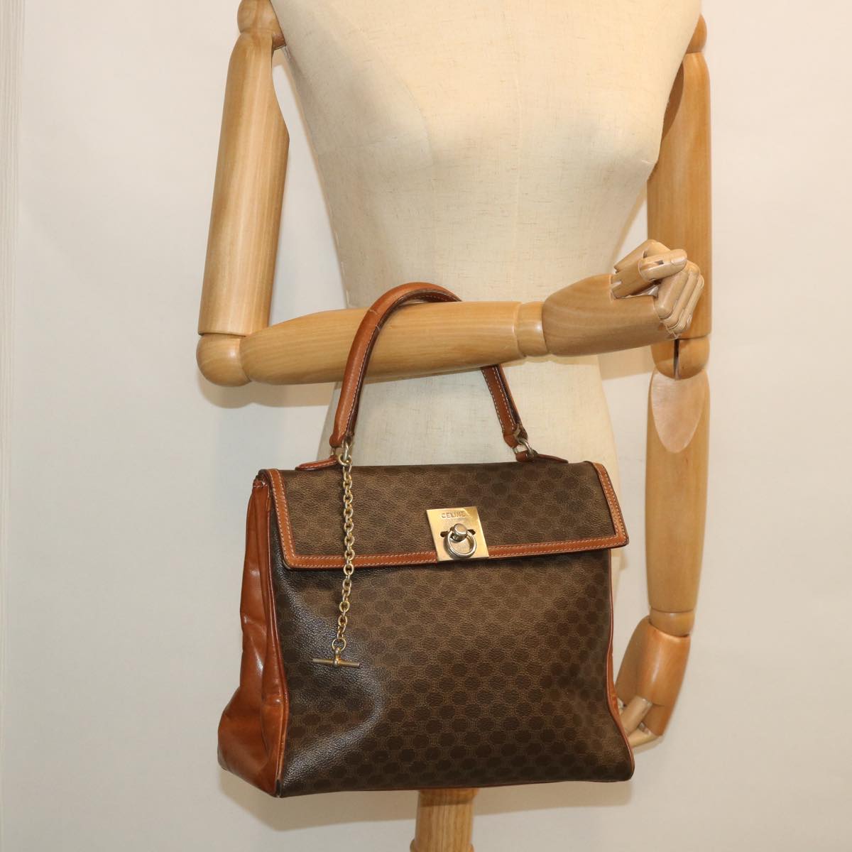 CELINE Macadam Canvas Hand Bag PVC Leather Brown Auth 56385