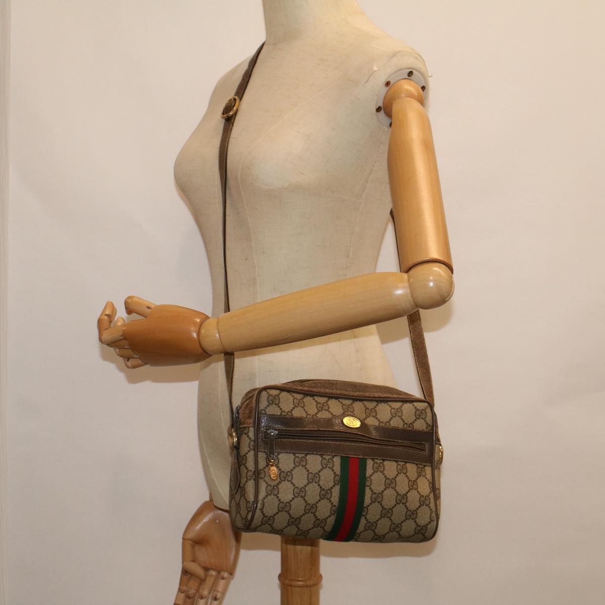 GUCCI GG Canvas Web Sherry Line Shoulder Bag PVC Leather Beige Green Auth 56454