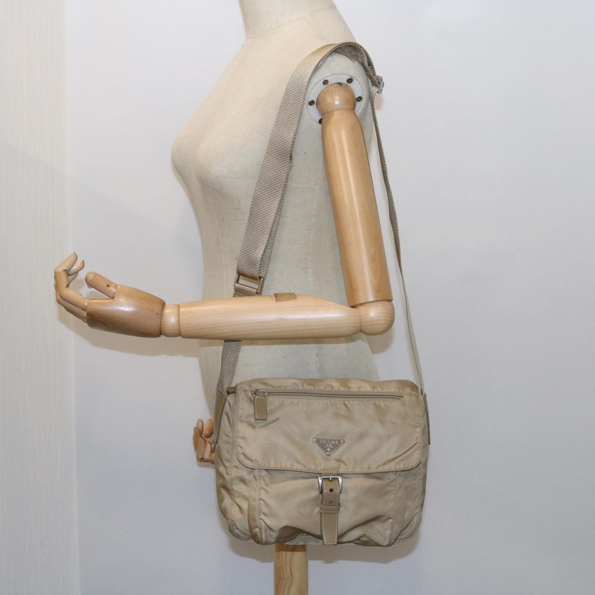 PRADA Shoulder Bag Nylon Beige Auth 56558