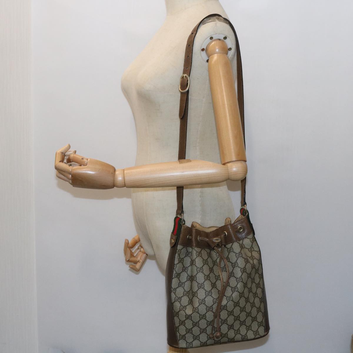 GUCCI GG Canvas Web Sherry Line Shoulder Bag PVC Leather Beige Green Auth 56564