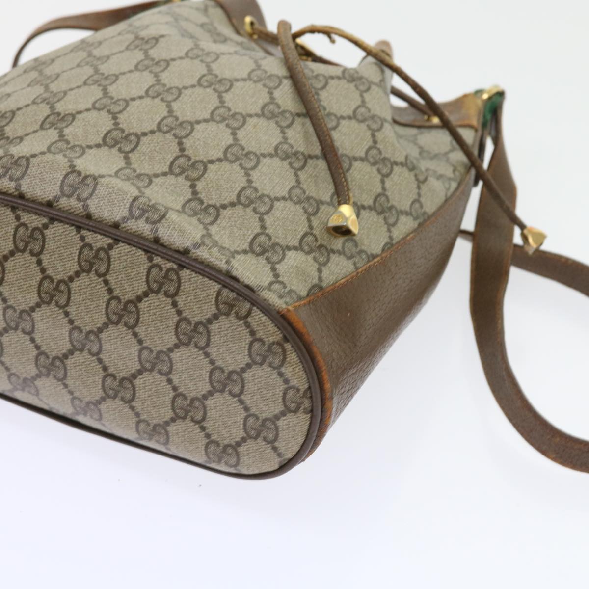 GUCCI GG Canvas Web Sherry Line Shoulder Bag PVC Leather Beige Green Auth 56565