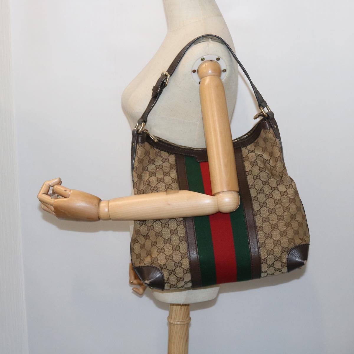 GUCCI GG Canvas Web Sherry Line Shoulder Bag Beige Green Red 257084 Auth 56567