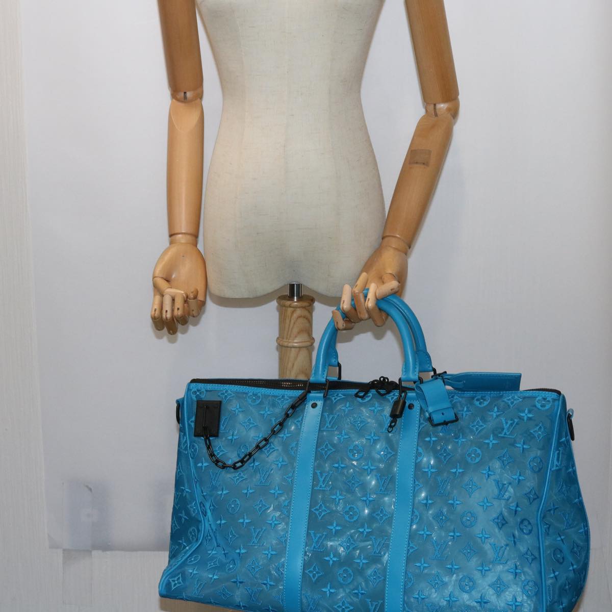 LOUIS VUITTON Monogram Mesh Keepall Triangle 50 Bag Blue M45048 LV Auth 56647A