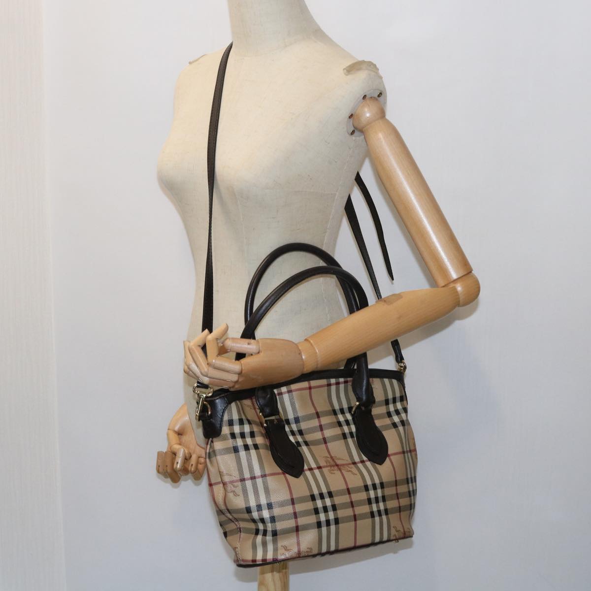 BURBERRY Nova Check Shoulder Bag PVC Leather 2way Beige Black Auth 56661