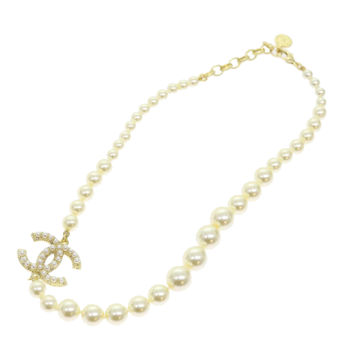 CHANEL Pearl Necklace Metal White Gold Tone CC Auth 56729A