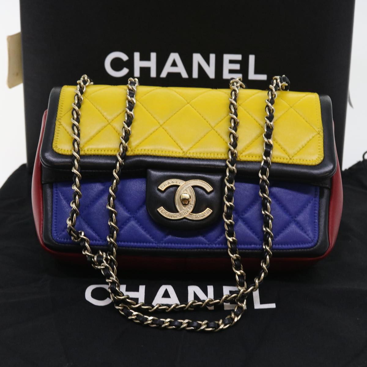 CHANEL Matelasse Chain Shoulder Bag Leather Yellow Purple Red CC Auth 57069A