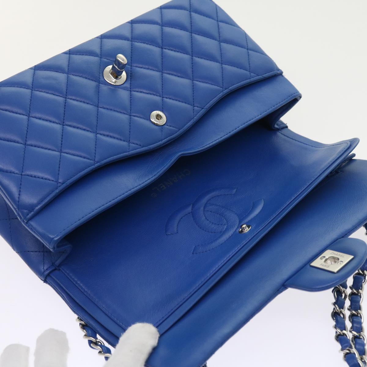 CHANEL Matelasse Chain Shoulder Bag Lamb Skin Blue CC Auth 57070A