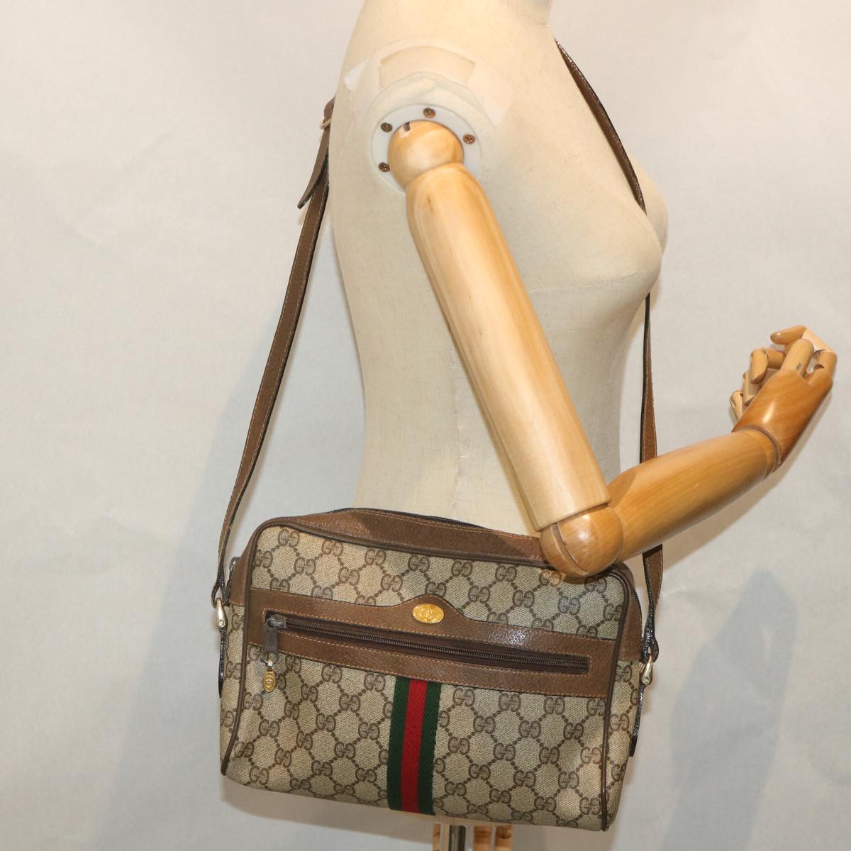 GUCCI GG Canvas Web Sherry Line Shoulder Bag PVC Leather Beige Green Auth 57258