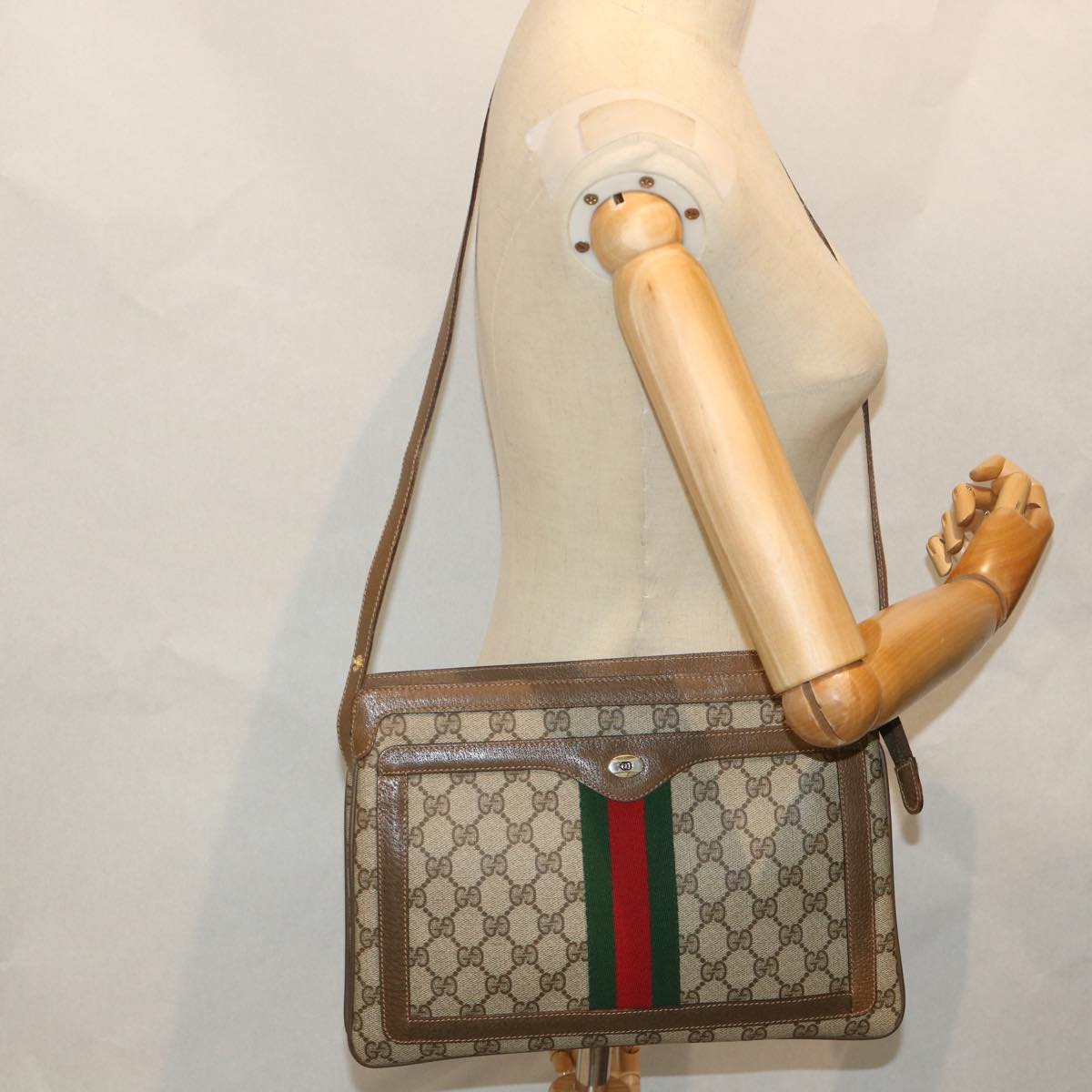 GUCCI GG Canvas Web Sherry Line Shoulder Bag PVC Leather Beige Green Auth 57265