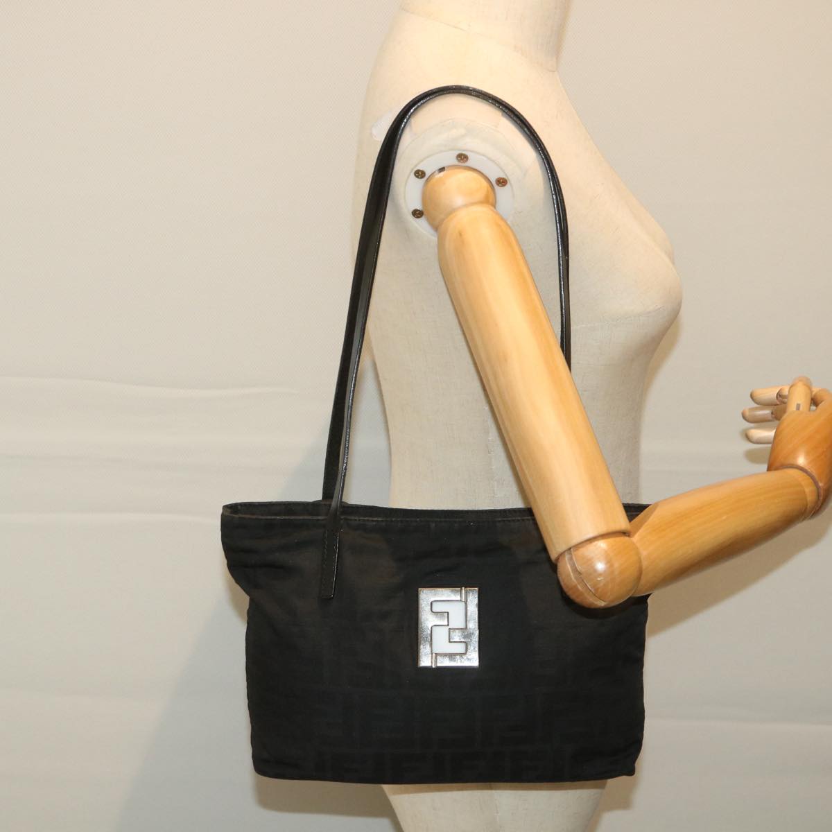 FENDI Zucca Canvas Shoulder Bag Black Auth 57278