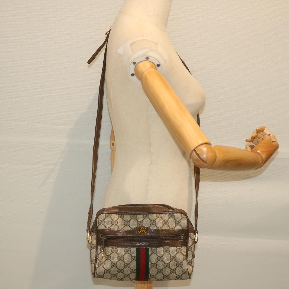 GUCCI GG Canvas Web Sherry Line Shoulder Bag PVC Leather Beige Green Auth 57363