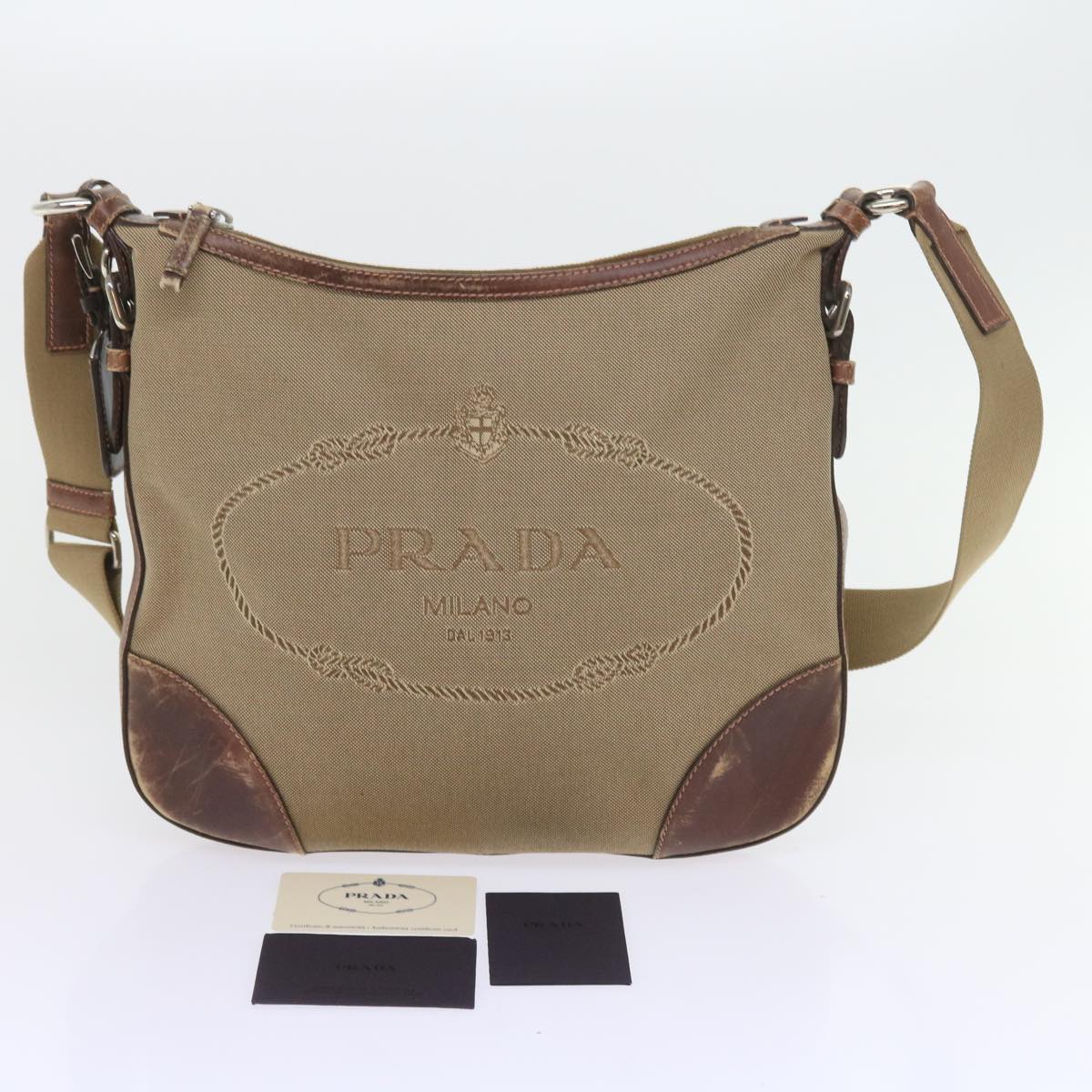 PRADA Shoulder Bag Canvas Leather Beige Brown Auth 57367