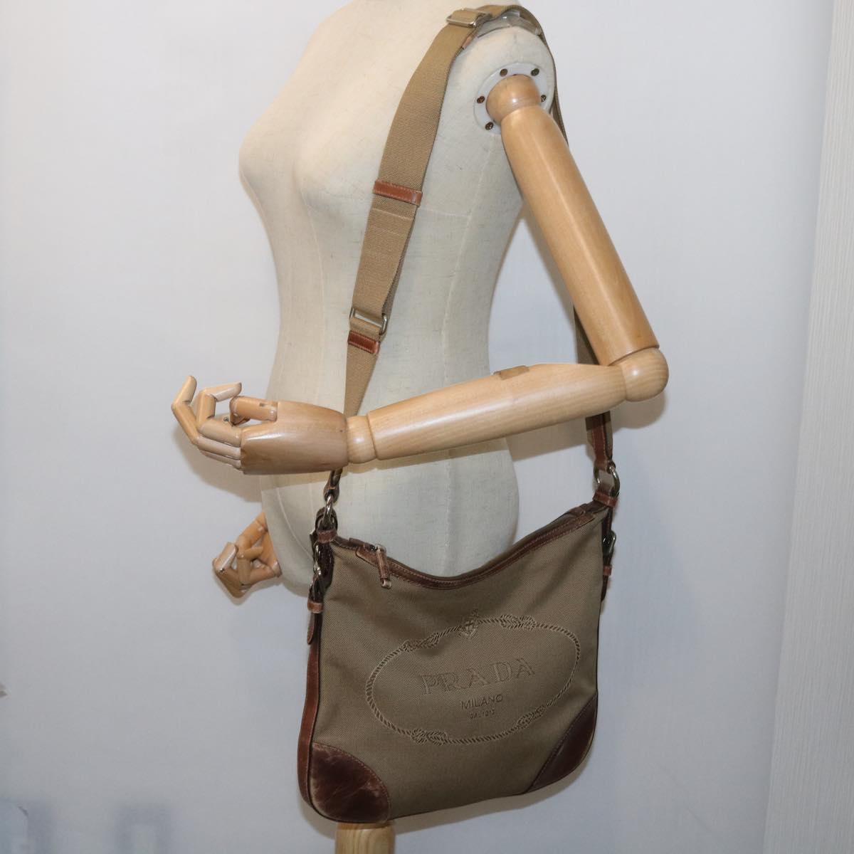 PRADA Shoulder Bag Canvas Leather Beige Brown Auth 57367