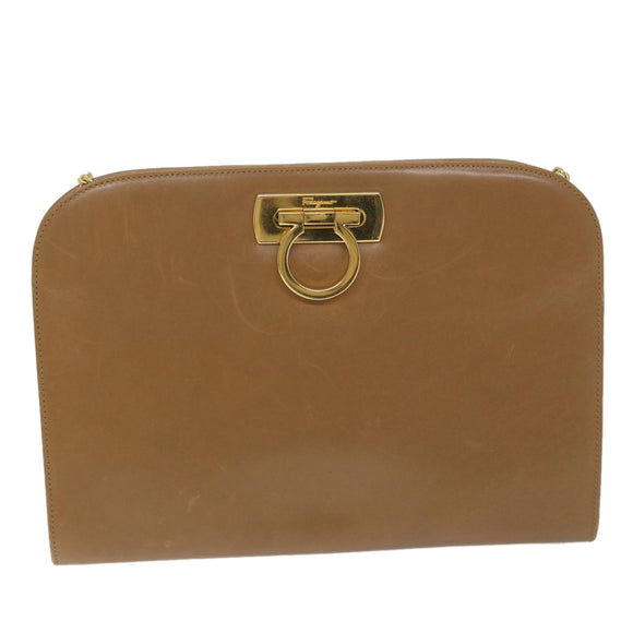 Salvatore Ferragamo Gancini Chain Shoulder Bag Leather Brown Auth 57576