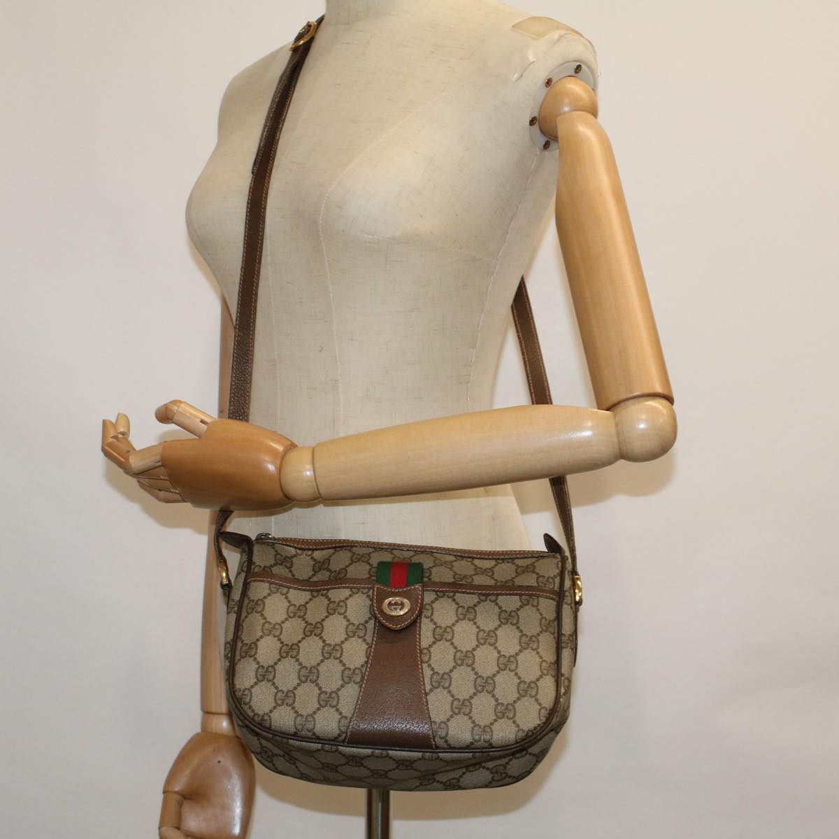 GUCCI GG Canvas Web Sherry Line Shoulder Bag PVC Leather Beige Green Auth 57673