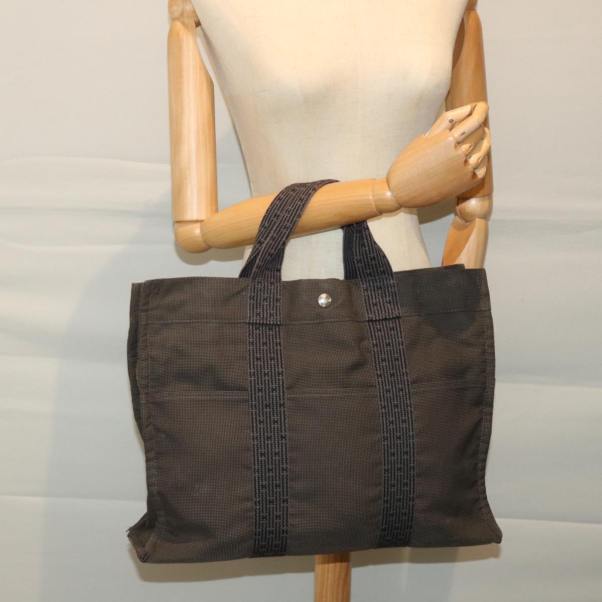 HERMES Her Line MM Tote Bag Canvas Gray Auth 57786