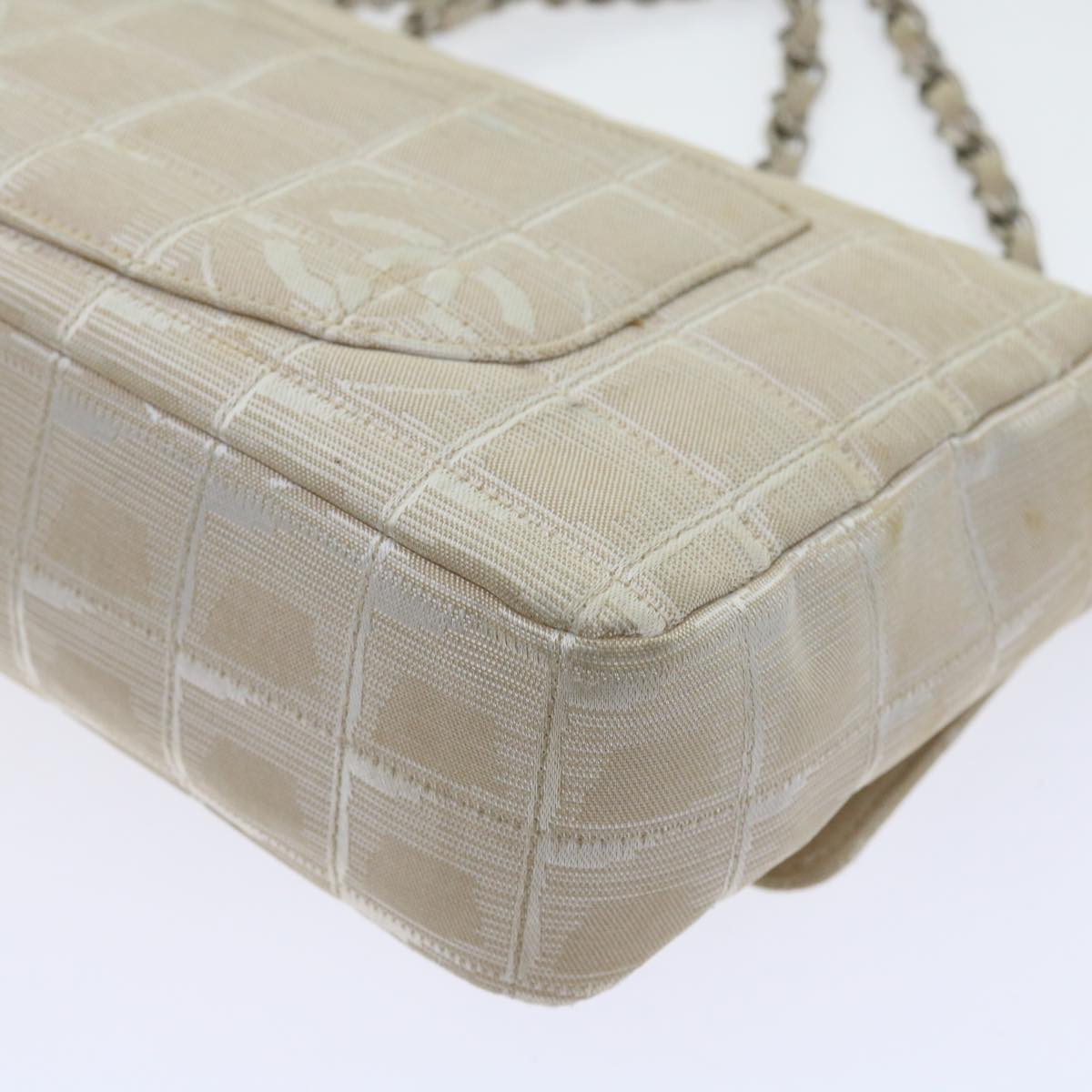 CHANEL Chain New Travel Line Shoulder Bag Nylon Beige CC Auth 57805