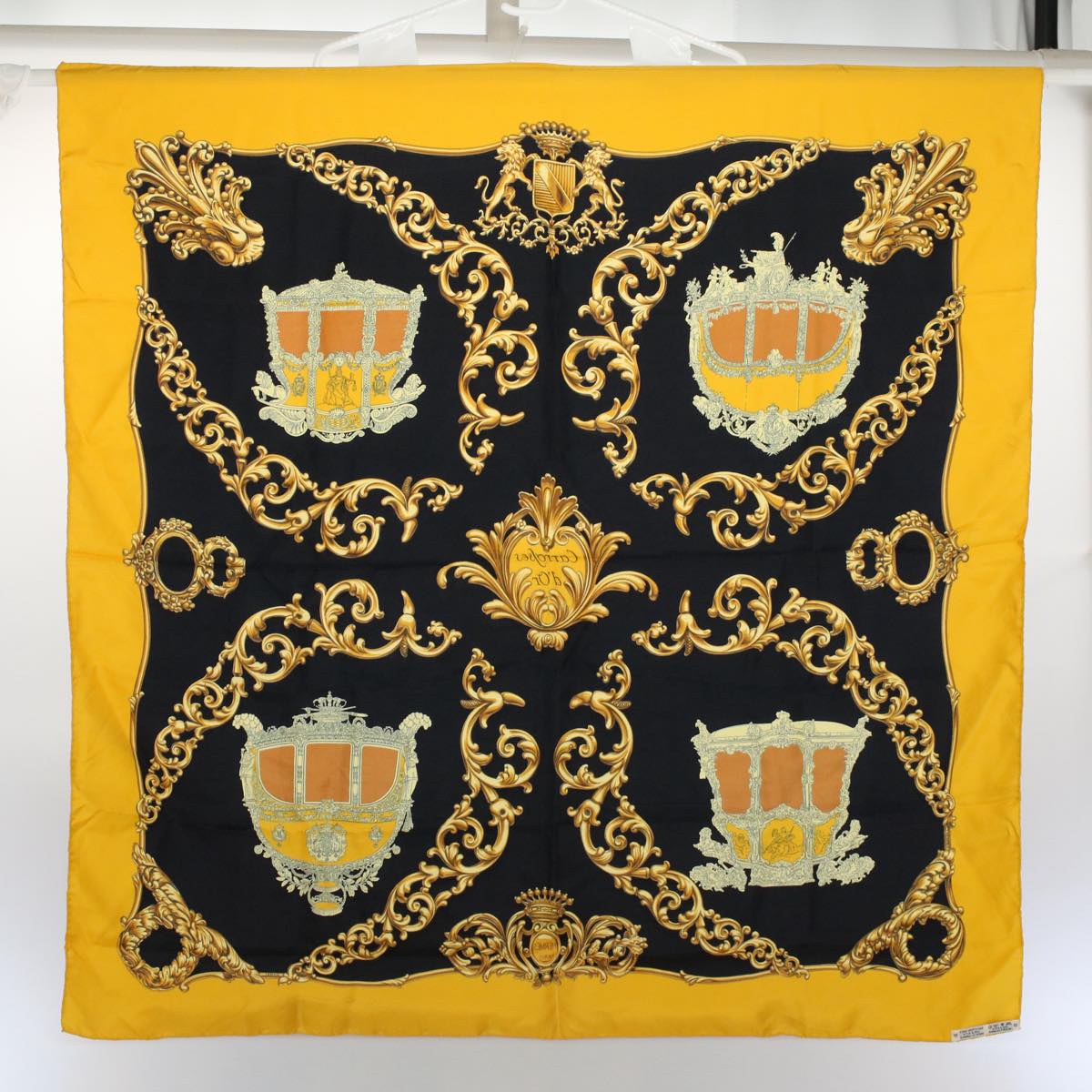 HERMES Carre 90 Carrolses Scarf Silk Black Yellow Auth 57817