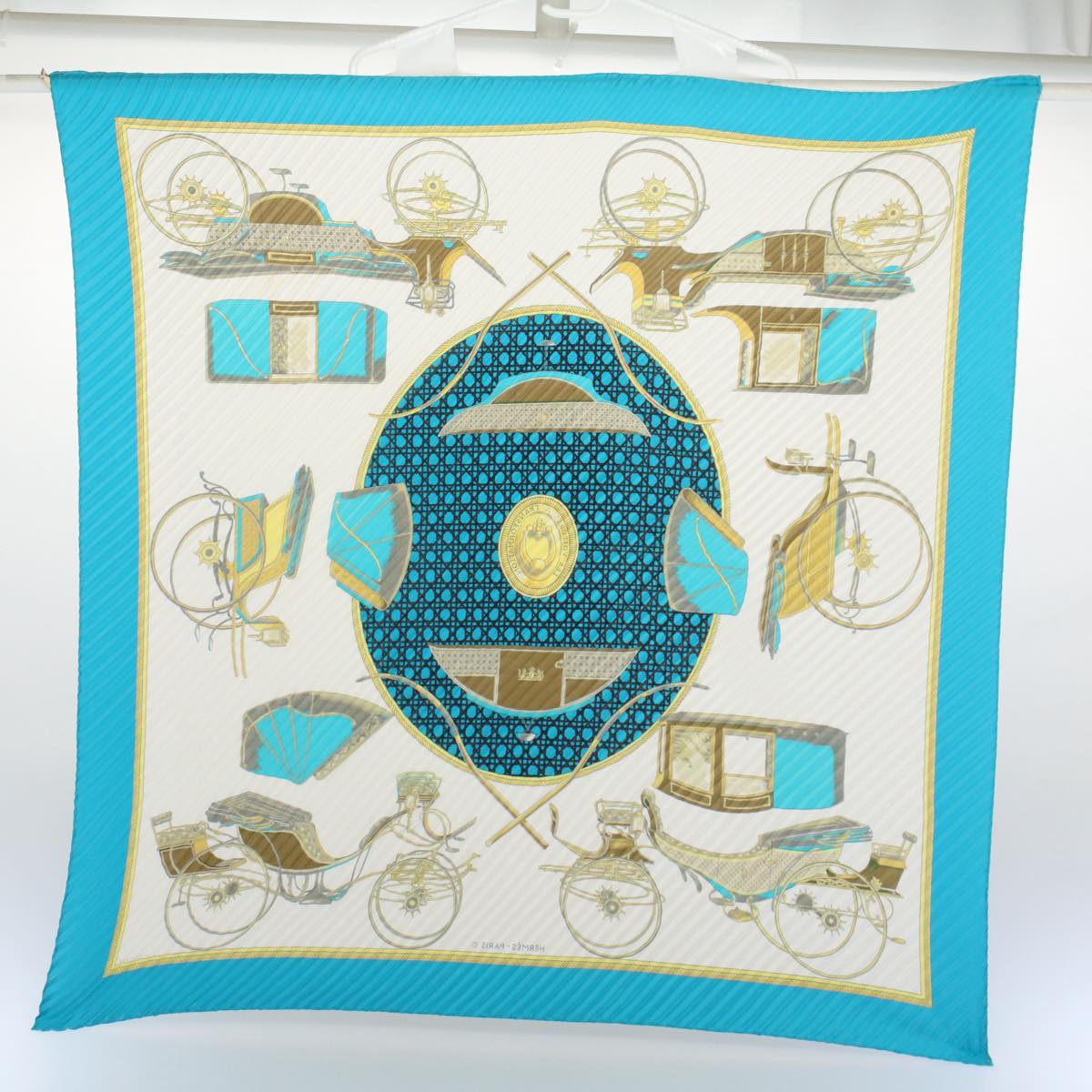 HERMES Carre Pleated Les Voitures Scarf Silk Blue Auth 57826