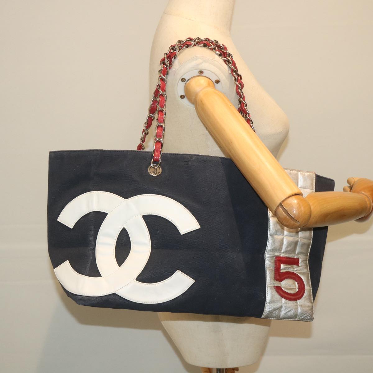 CHANEL Choco Bar Line Chain Shoulder Bag Canvas Navy CC Auth 57857A