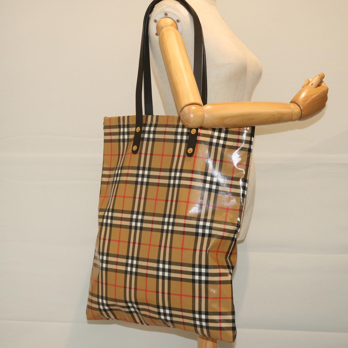 BURBERRY Nova Check Tote Bag Coated Canvas Beige Black Auth 58067