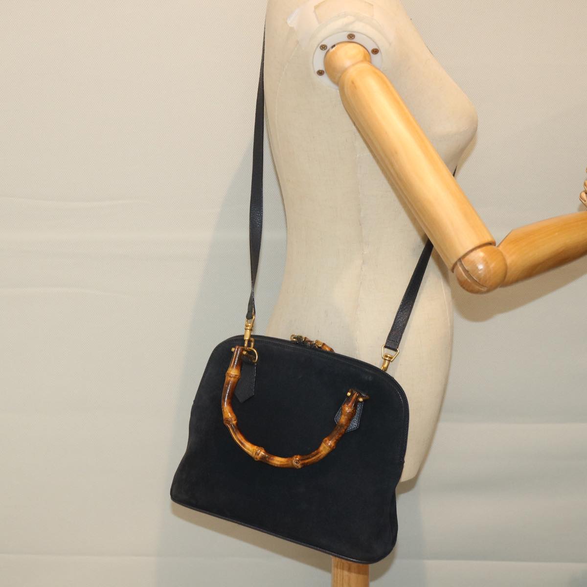 GUCCI Bamboo Shoulder Bag Suede 2way Navy Auth 58084