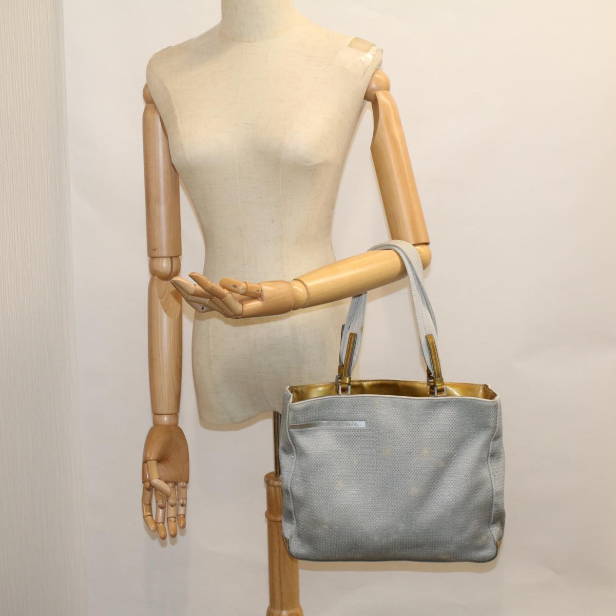 PRADA Hand Bag Nylon Enamel Gray Gold Auth 58105