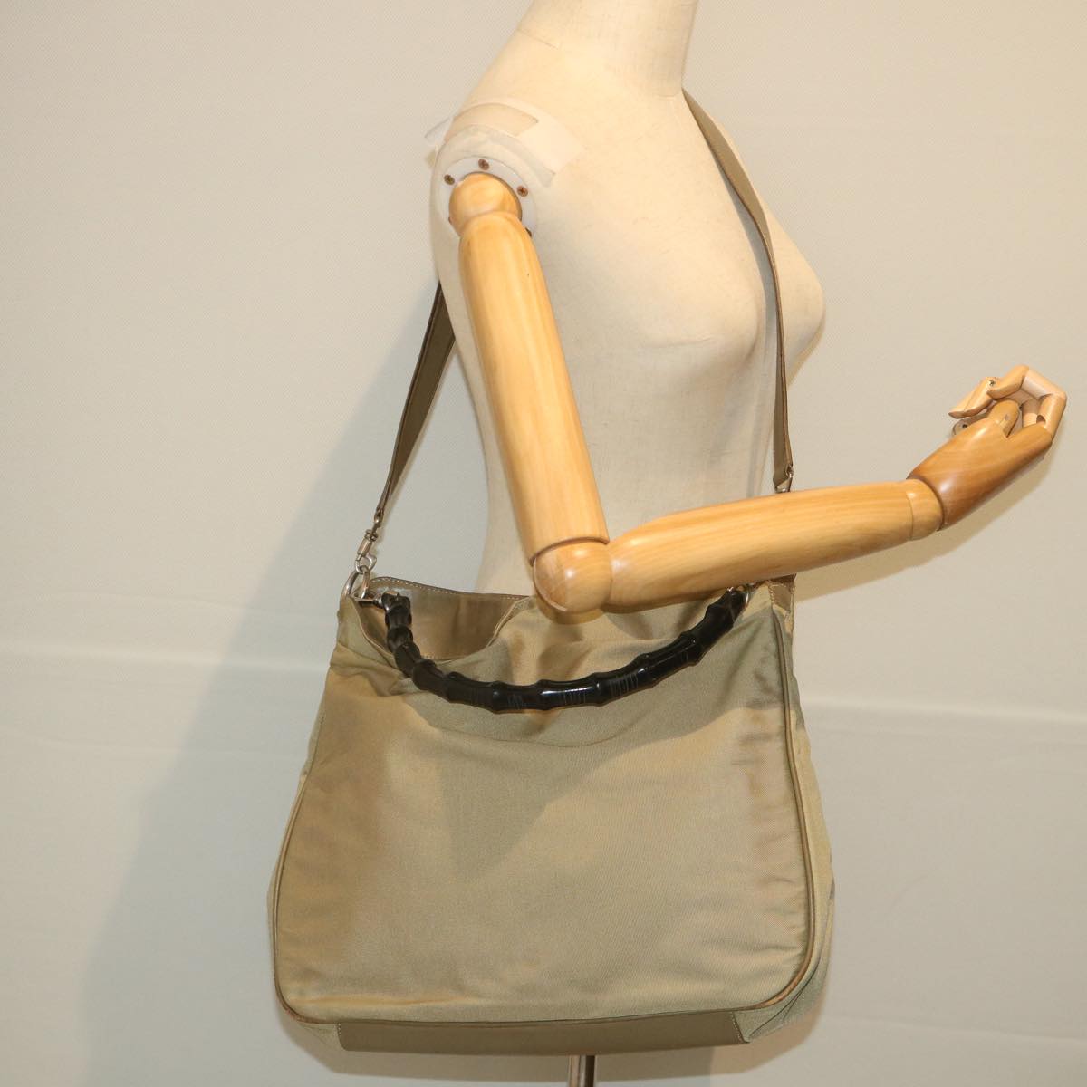 GUCCI Bamboo Shoulder Bag Nylon 2way Beige 001 1577 3754 Auth 58189