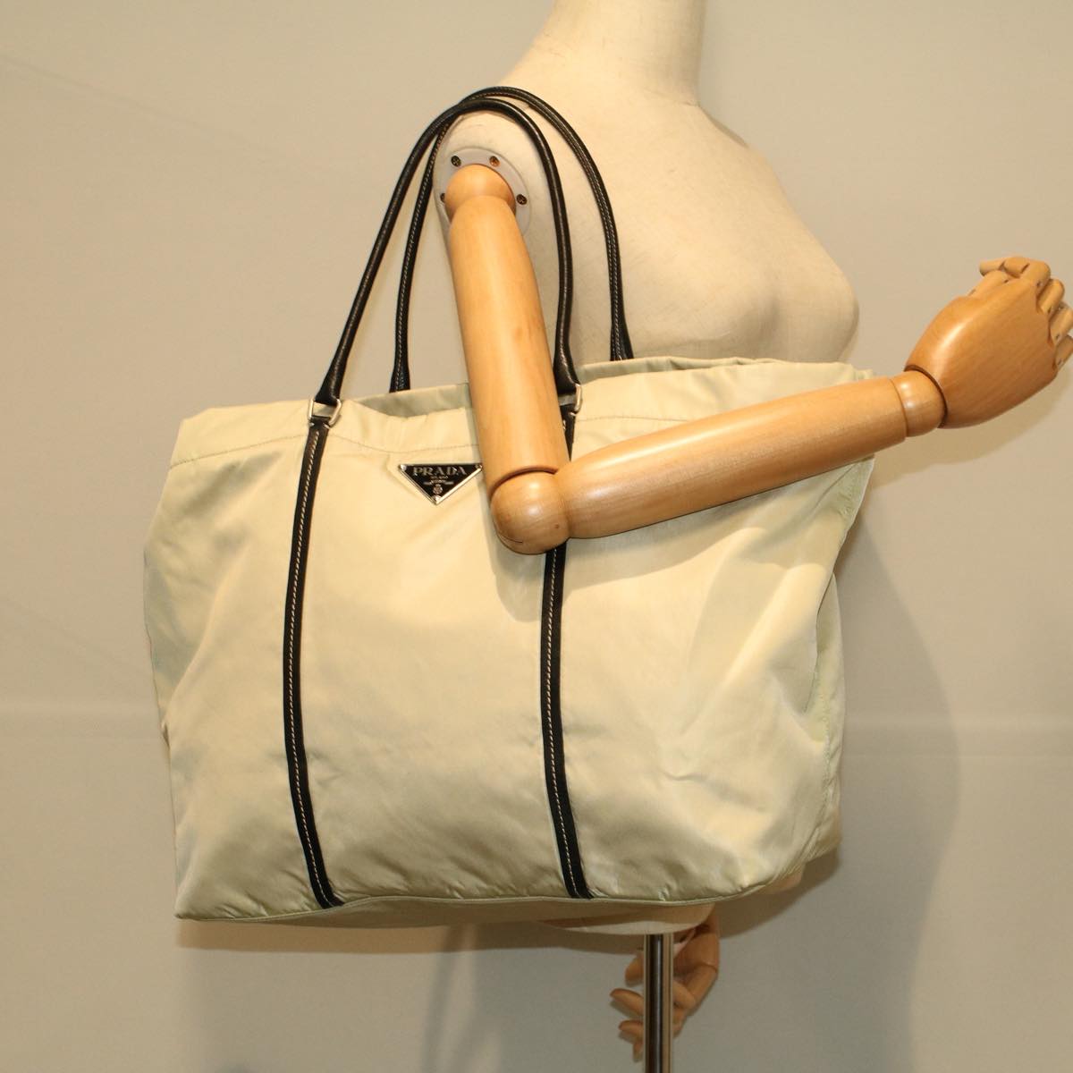 PRADA Hand Bag Nylon Beige Auth 58219