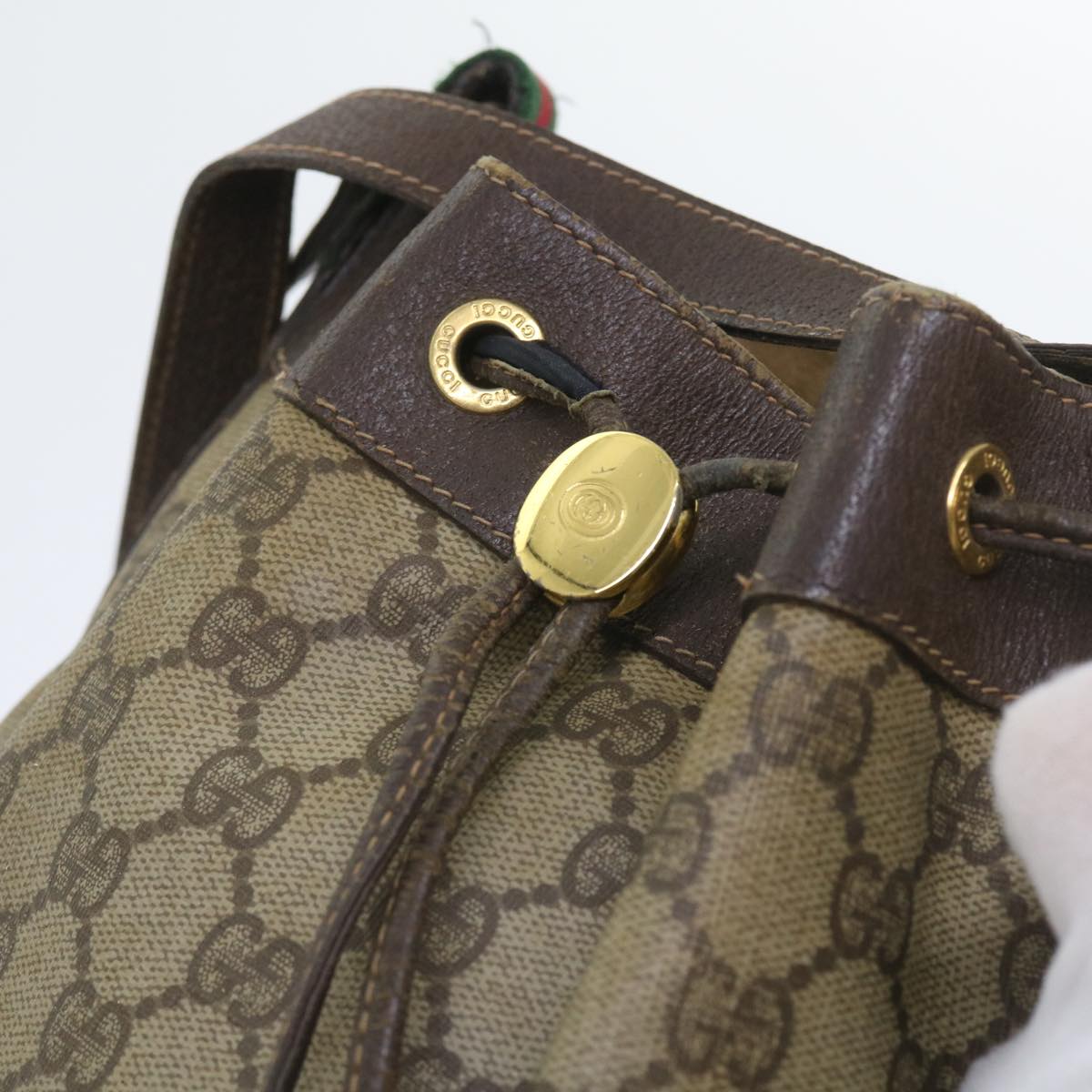 GUCCI GG Canvas Web Sherry Line Shoulder Bag PVC Leather Beige Green Auth 58321