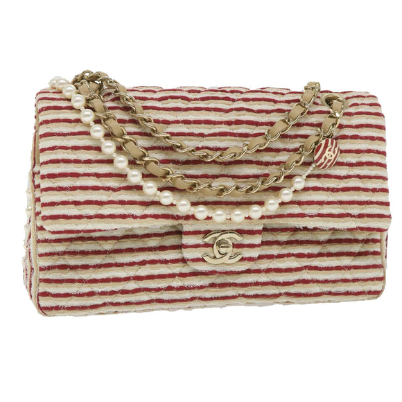 CHANEL Quilted Matelasse Chain Shoulder Bag Canvas Red Beige CC Auth 58343SM